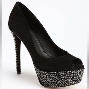 B Brian Atwood Black Suede Bea Crystal Studded Platform Pumps